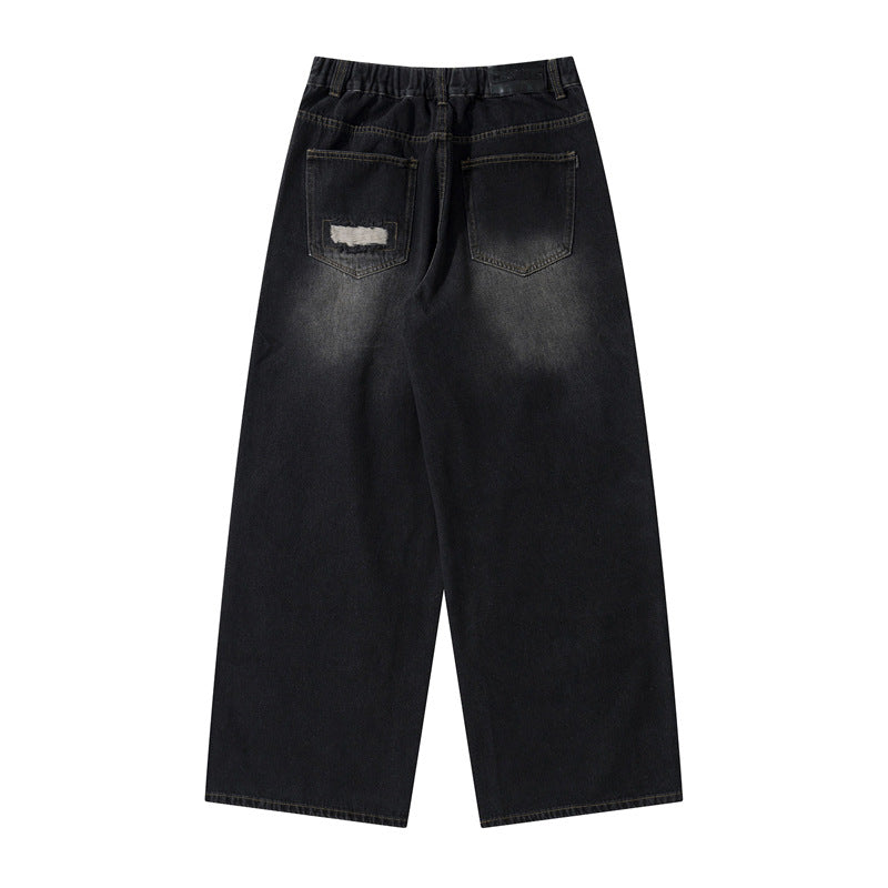 Retro Patchwork Distressed Design Unique Denim Pants Unisex  Loose Straight Leg Trousers