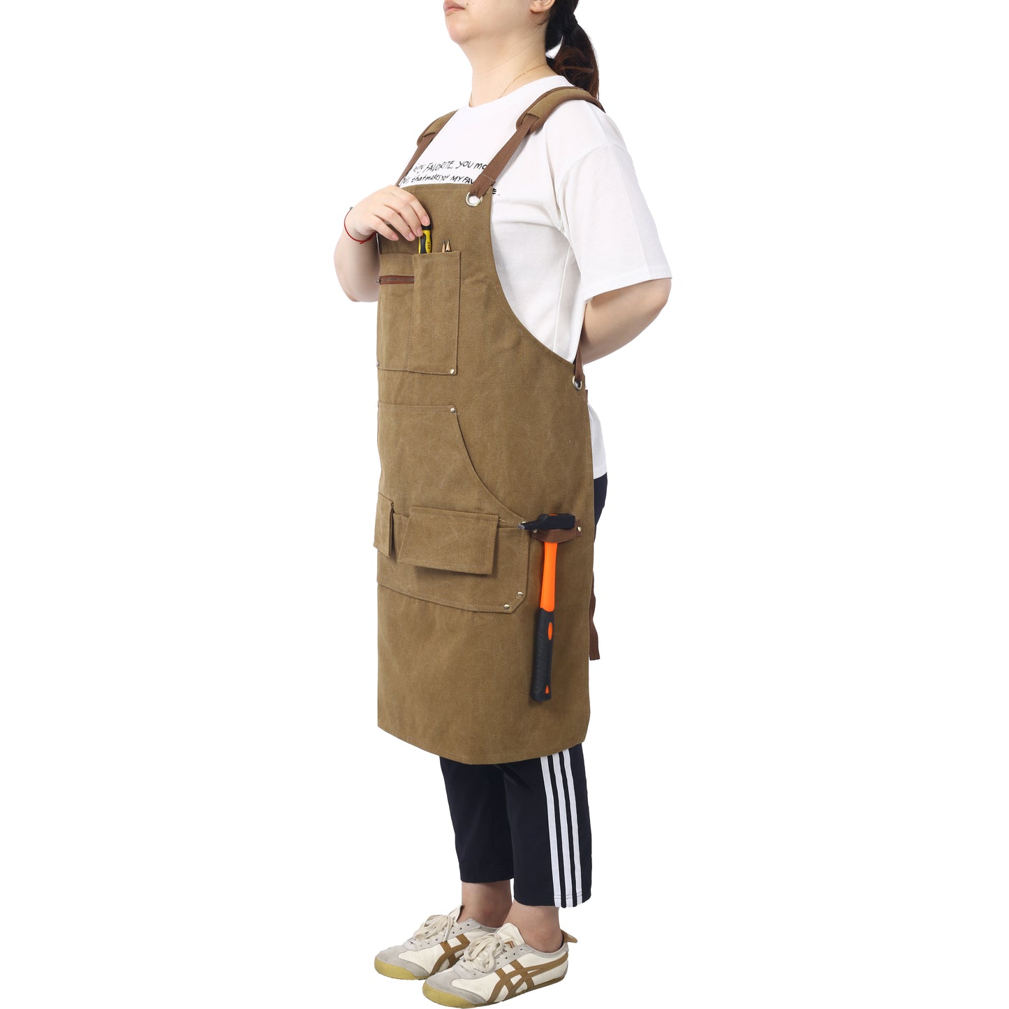 Long Heavy Duty Canvas Tool Apron, Fully Adjustable Carpenter Apron