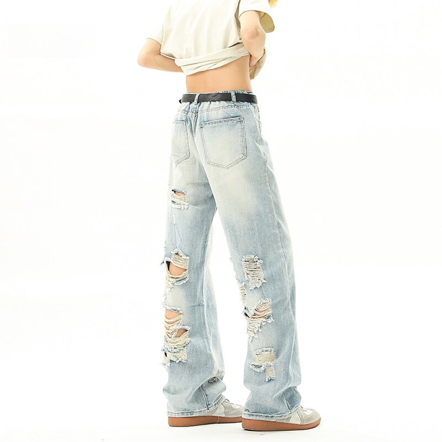 Retro Washed Hanging Straight Leg Jeans - Loose Light Blue Long Pants