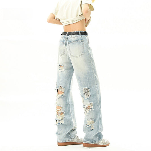 Retro Washed Hanging Straight Leg Jeans - Loose Light Blue Long Pants