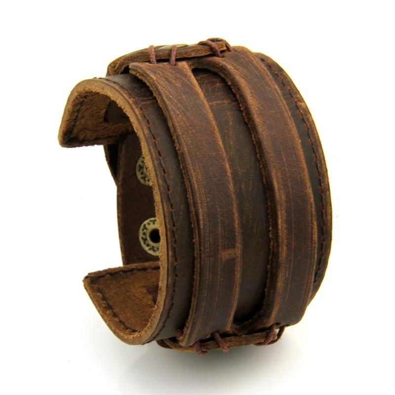 Leather Cuff Double Wide Bracelet Rope Bangles Brown Jewelry