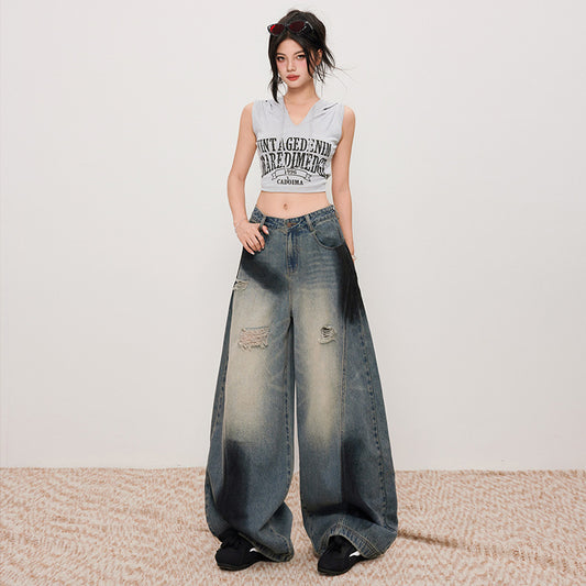Women's Distressed Slash Denim Pants - Vintage Loose Wide Leg Trousers