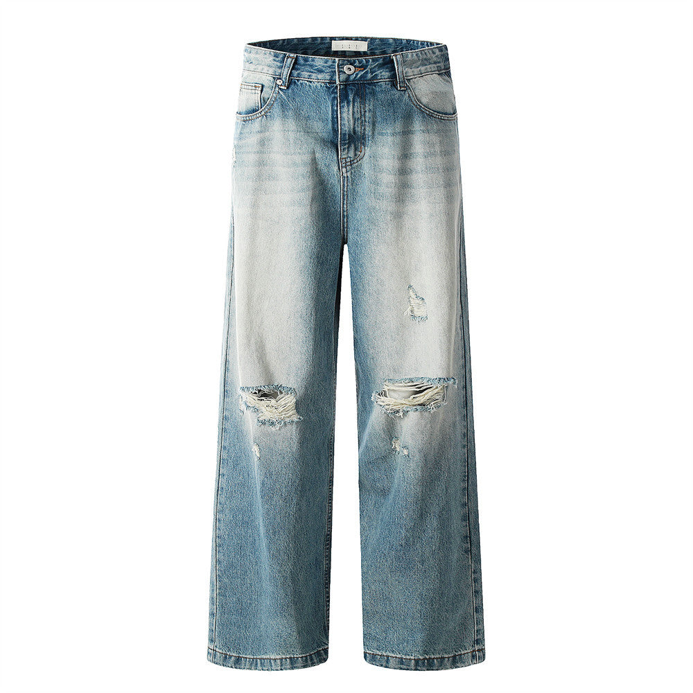 Men's Ripped Wide-Leg Denim Trousers – Loose Fit Street Style