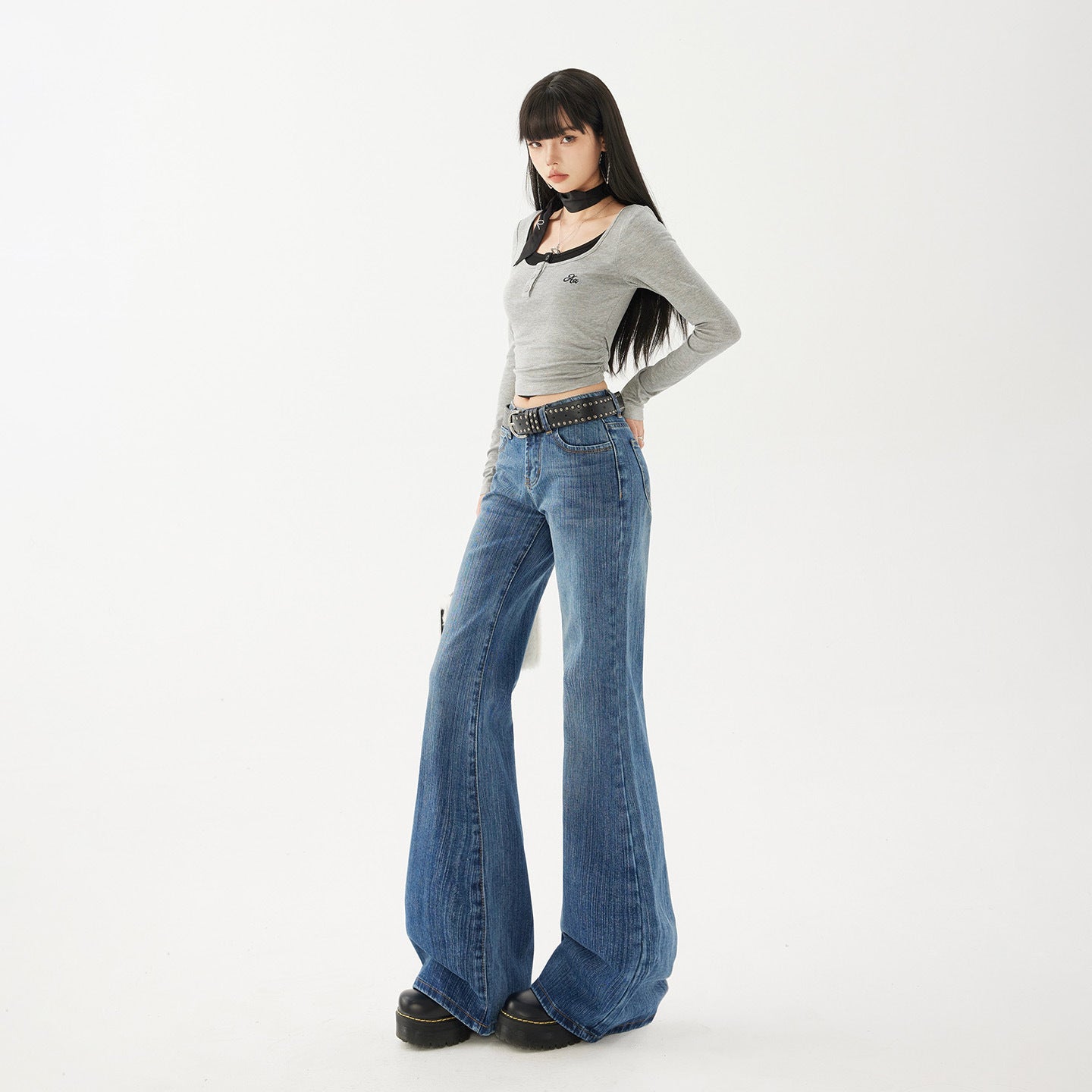 Women's Pattern Low Waist Flared Jeans - Non-Clinging Loose Trumpet Pants