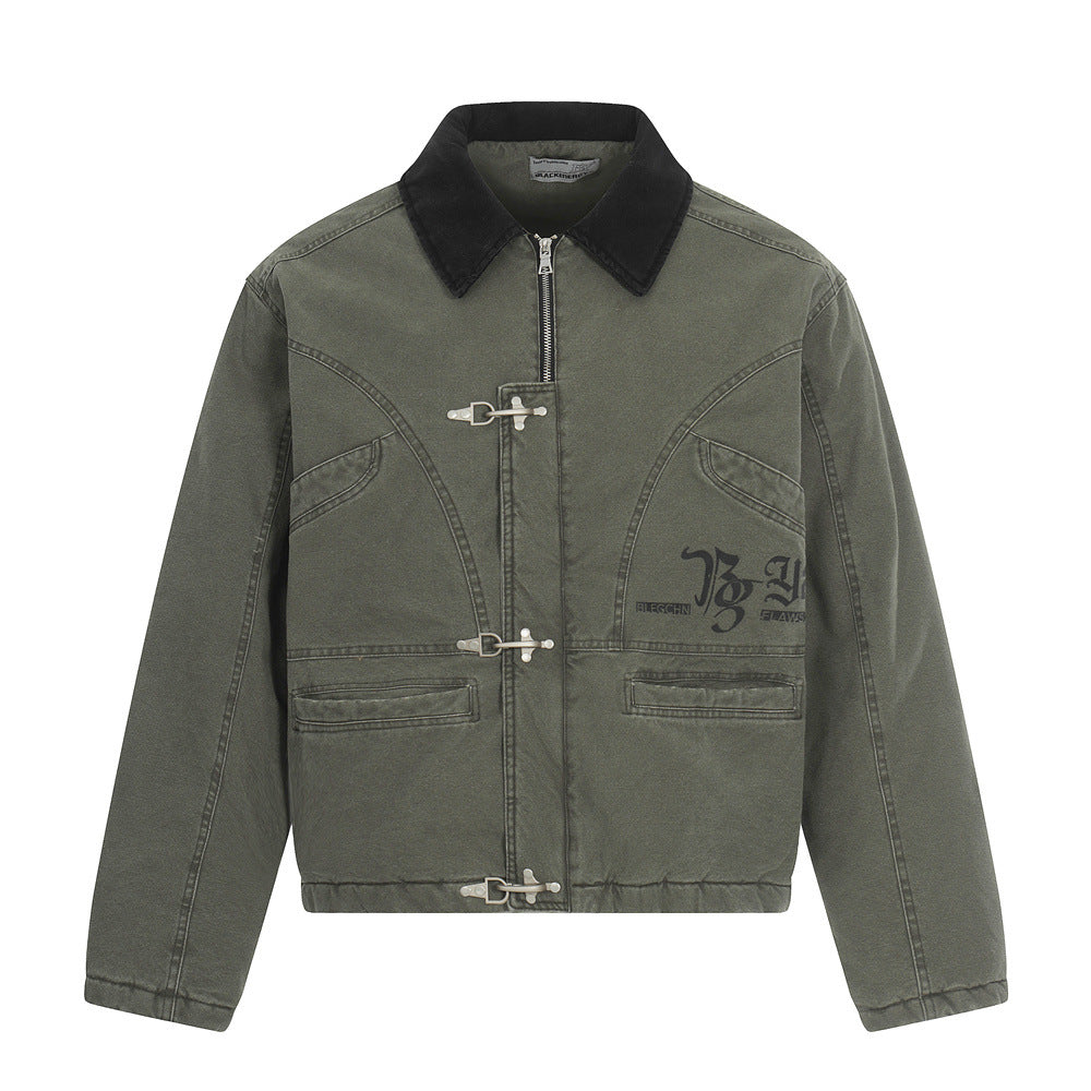 Men's Streetwear Cotton Coat, Turn-Down Collar, Distressed Patchwork Design