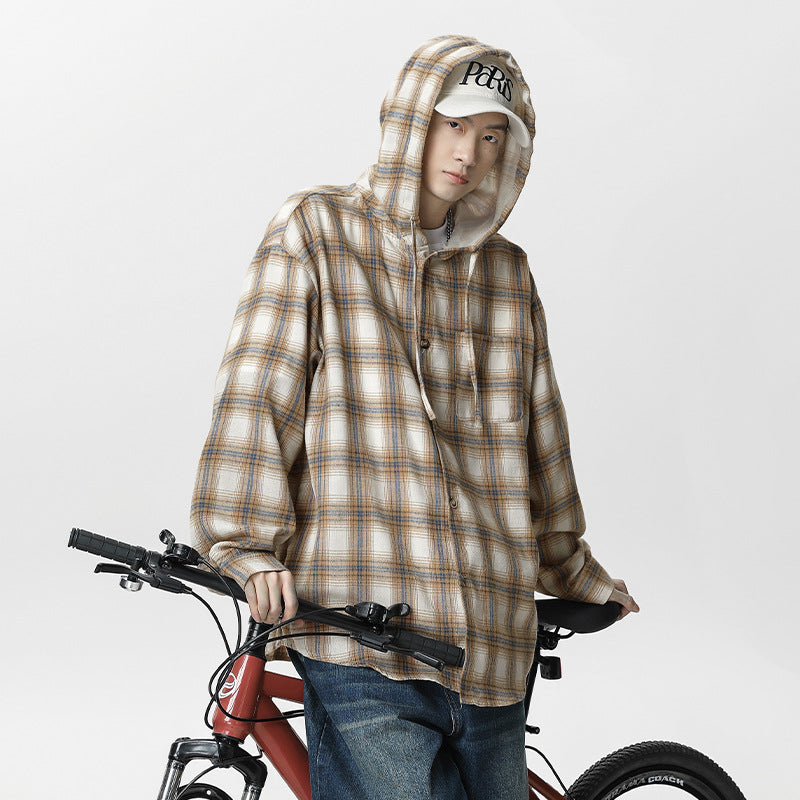 Color Blocked Plaid Hooded Long Sleeved Shirt for Men