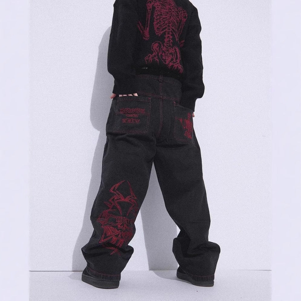 Retro Hip-Hop Goth Skeleton Embroidered Wide Leg Denim Jeans for Men