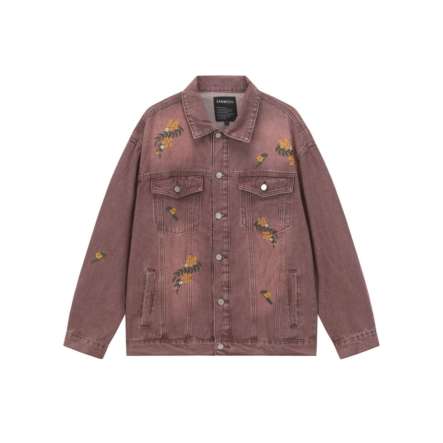Floral Embroidery Washed Denim Jacket with Button Closure and Notched Collar