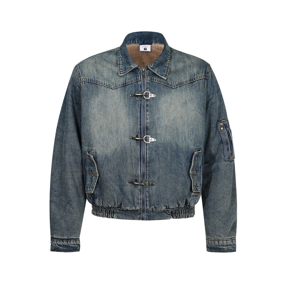 Street Style Men's Cotton Coat, Turn-Down Collar, Faded Cotton Jacket, Trendy Brand, Loose Fit, Versatile Men's Outerwear Top