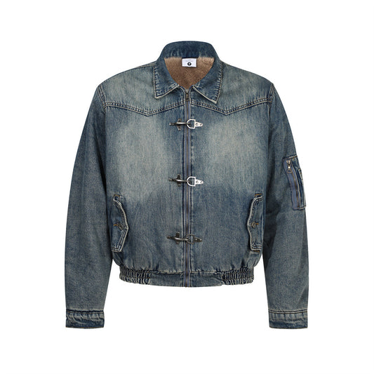 Street Style Men's Cotton Coat, Turn-Down Collar, Faded Cotton Jacket, Trendy Brand, Loose Fit, Versatile Men's Outerwear Top