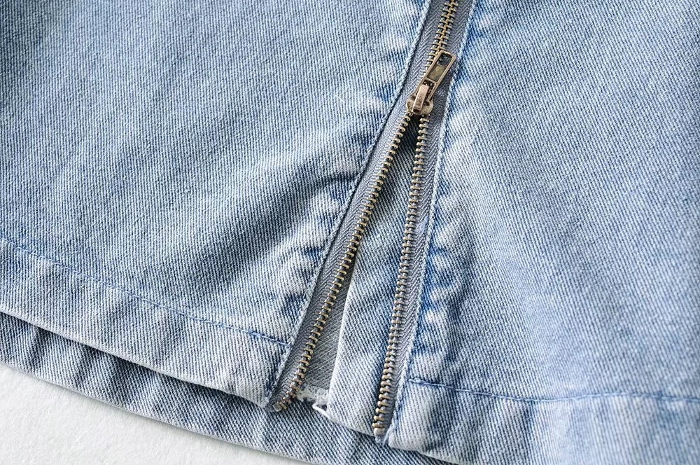 Women's Light Blue High-Waisted Denim Skirt with Side Zipper