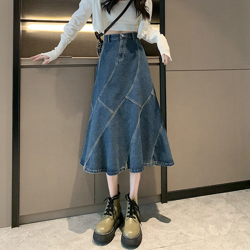 High Waist A-Line Loose Midi Denim Skirt for Women