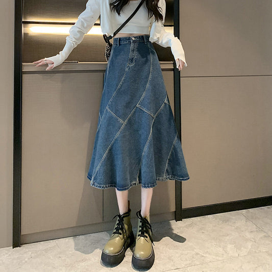 High Waist A-Line Loose Midi Denim Skirt for Women