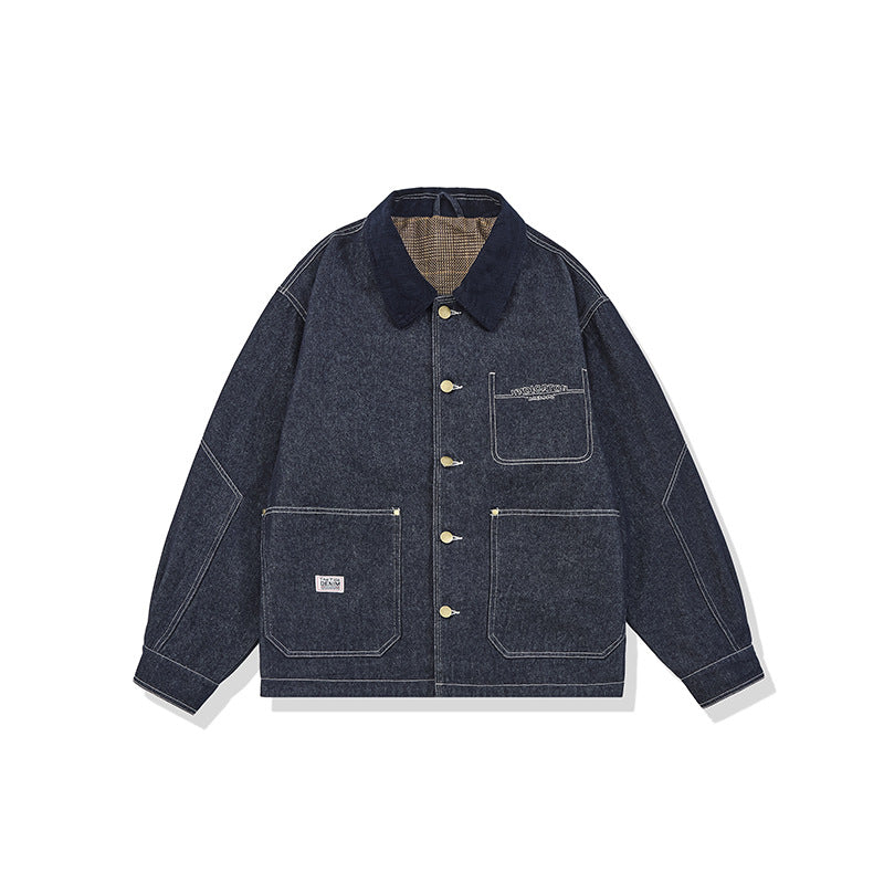 Color-Block Turn-Down Collar Multi-Pocket Loose-Fit Denim Jacket