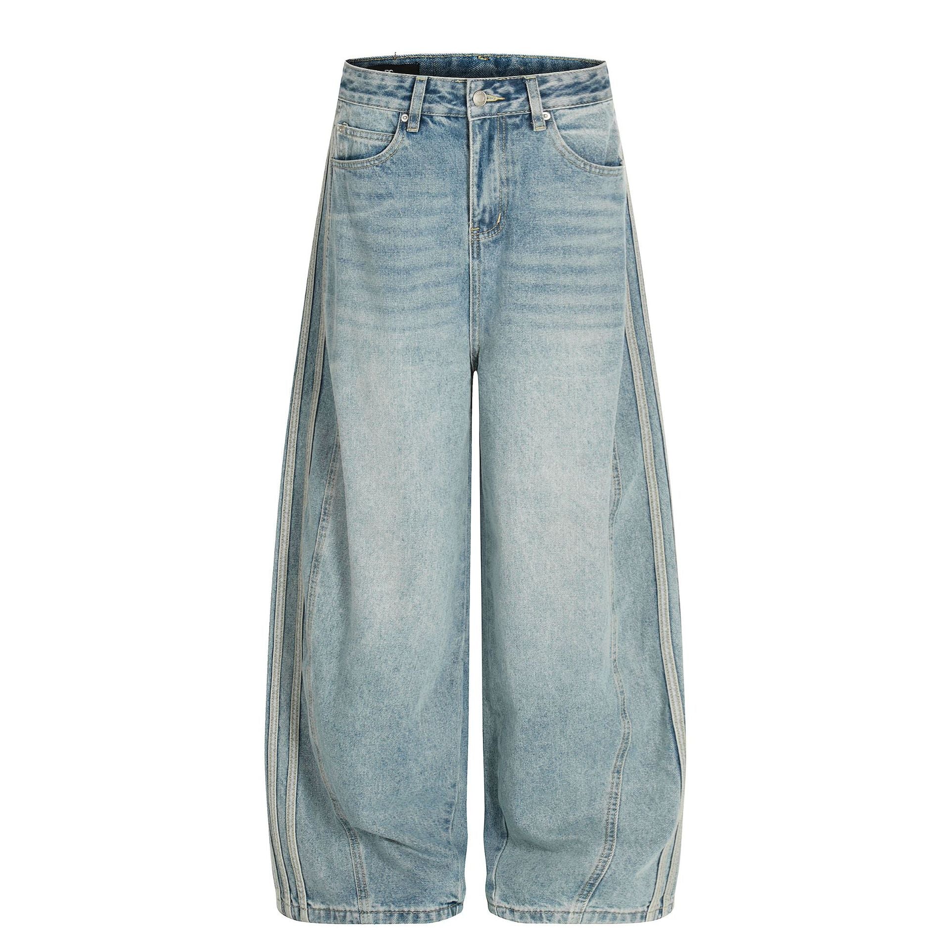 Street Style Vintage Washed Blue Side Stripe Design Unisex Loose Wide-Leg Jeans