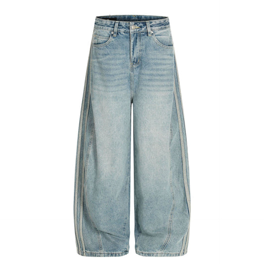 Street Style Vintage Washed Blue Side Stripe Design Unisex Loose Wide-Leg Jeans