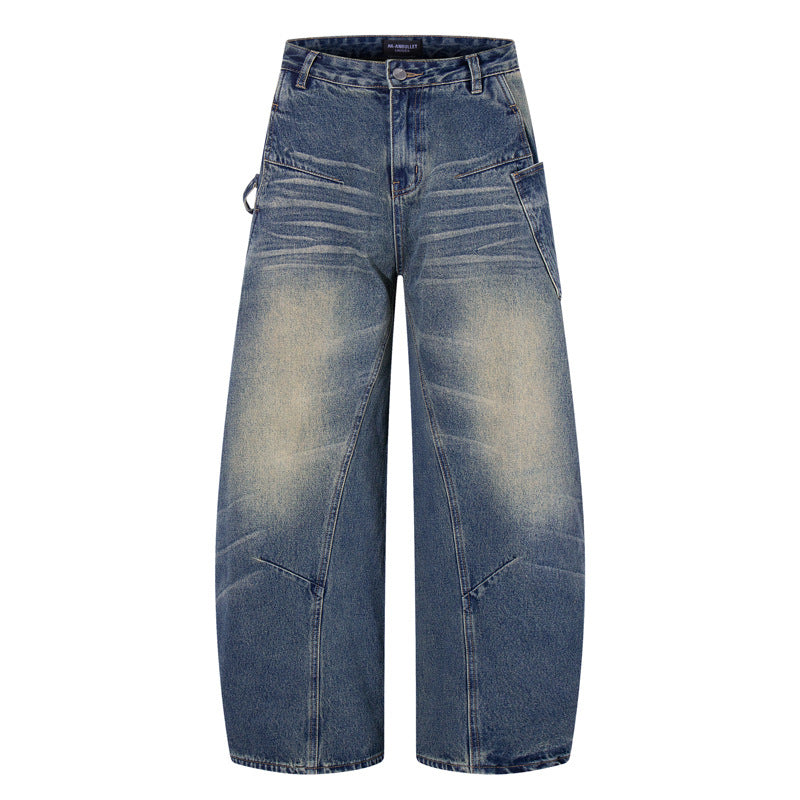 Vintage Washed Blue Denim Pants with Letter Embroidery for Men