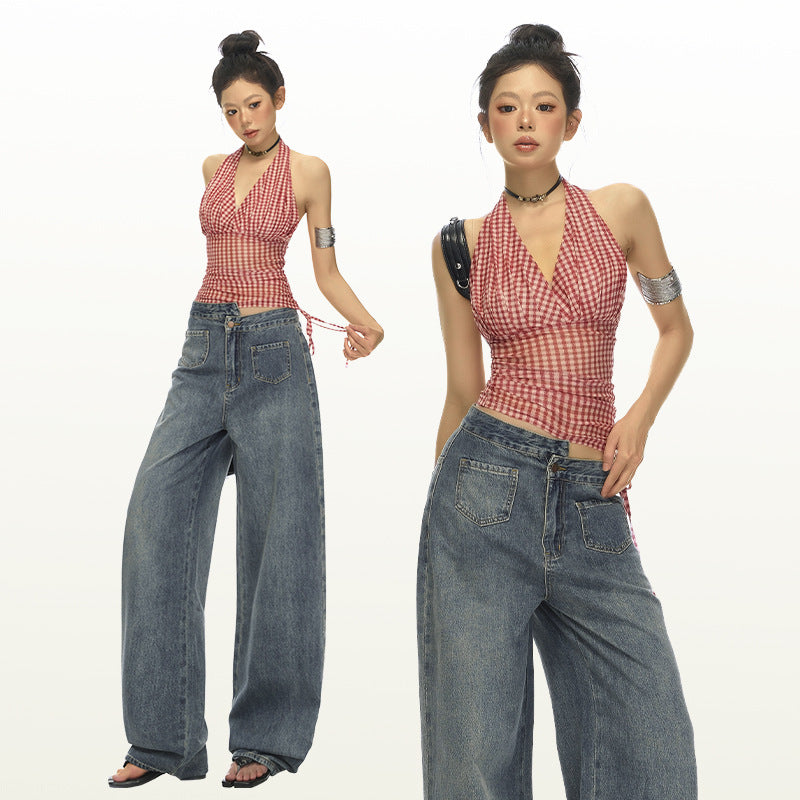 Blue High-Waisted Straight Leg Jeans for Women - Loose Wide-Leg Summer Pants