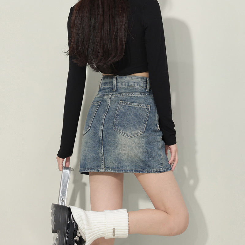 Lazy Style Unique Denim A-Line Skirt for Women – High Waist Slimming Short Skirt