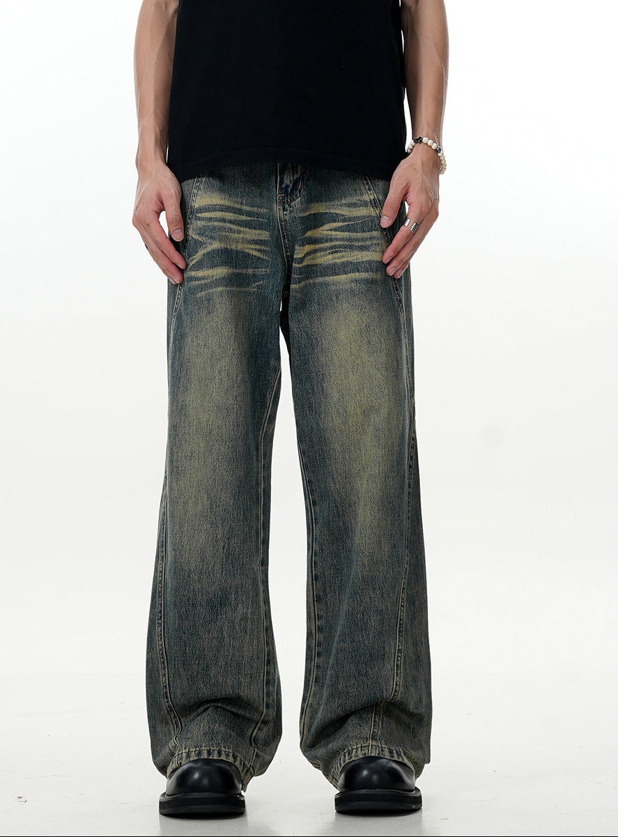 Blue Flared Jeans with Deconstructed Design - Faded  Slim Straight Casual Long Pants