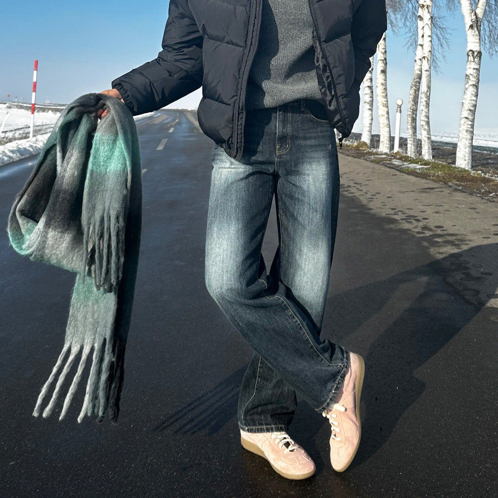 Retro Straight Leg Jeans Washed Distressed Wide Leg Long Pants Commuter Trousers