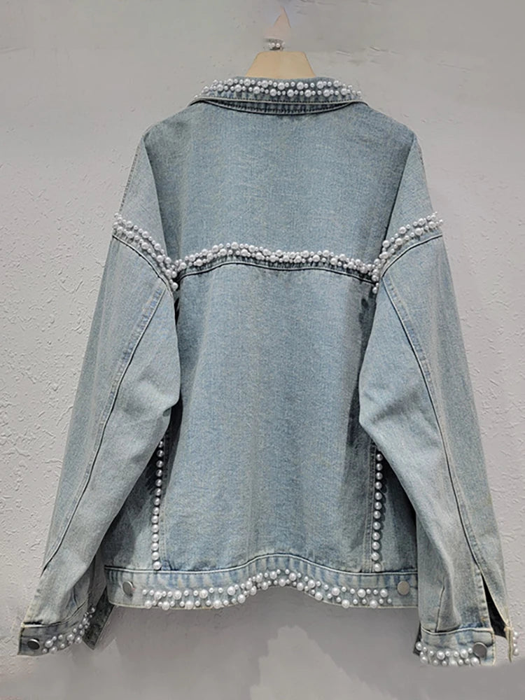 Women's Light Blue Denim Jacket with Pearl Embroidery and Flares