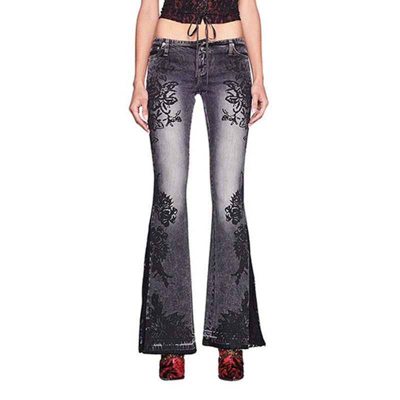 Plant Print Washed Water Slim Fit and Slimming Flared Jeans