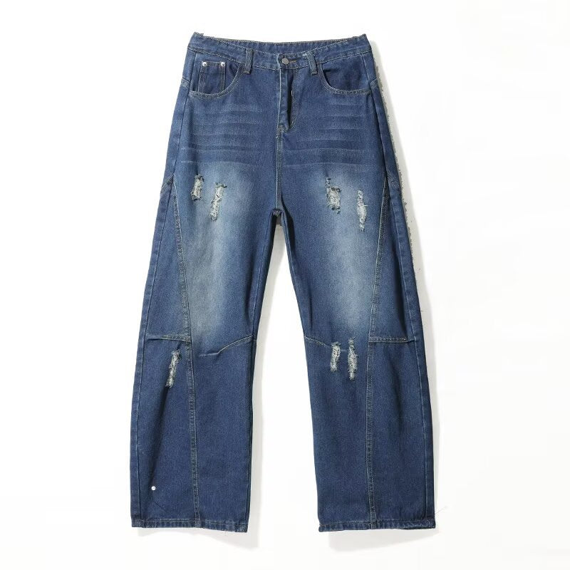 Bent Knife Piercing Cowboy Water Washed Casual Wide Leg Pants
