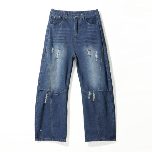 Bent Knife Piercing Cowboy Water Washed Casual Wide Leg Pants
