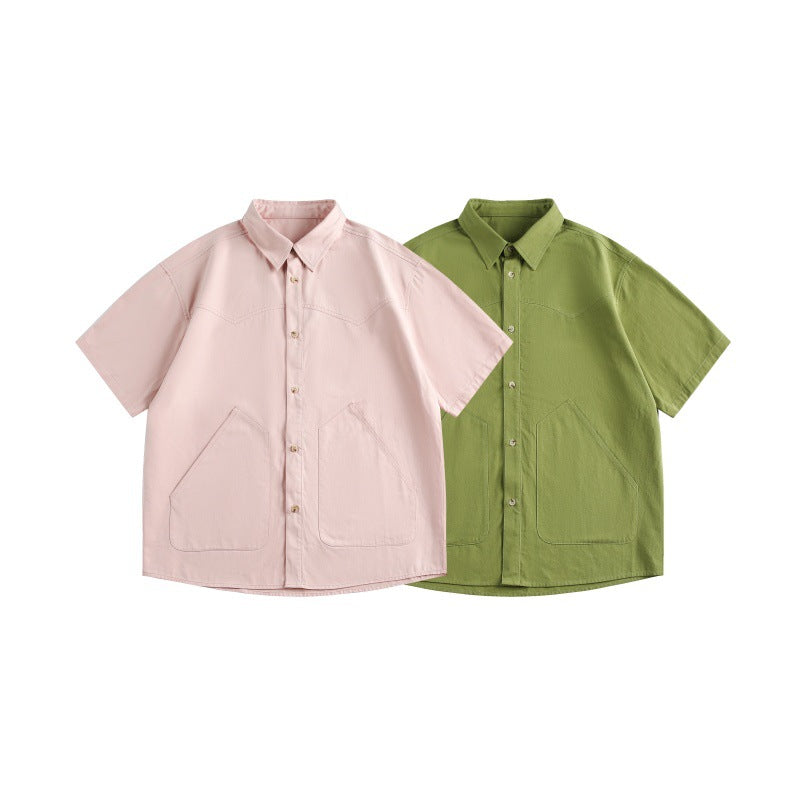 Solid Color Large Pocket Loose Short Sleeved Shirt for Men