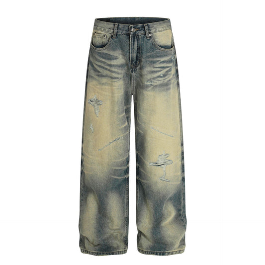 Trendy Unisex Vintage Blue Distressed Loose Fit Jeans