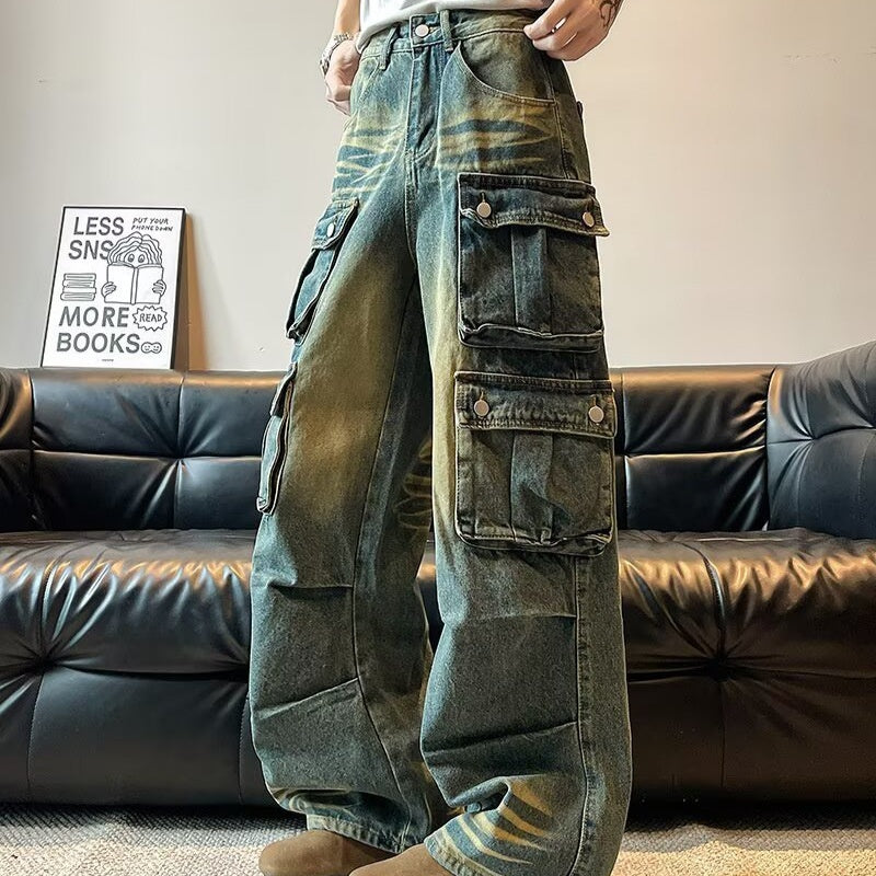 Washed and Worn Multi Pocket Wide Leg Hanging Long Pants