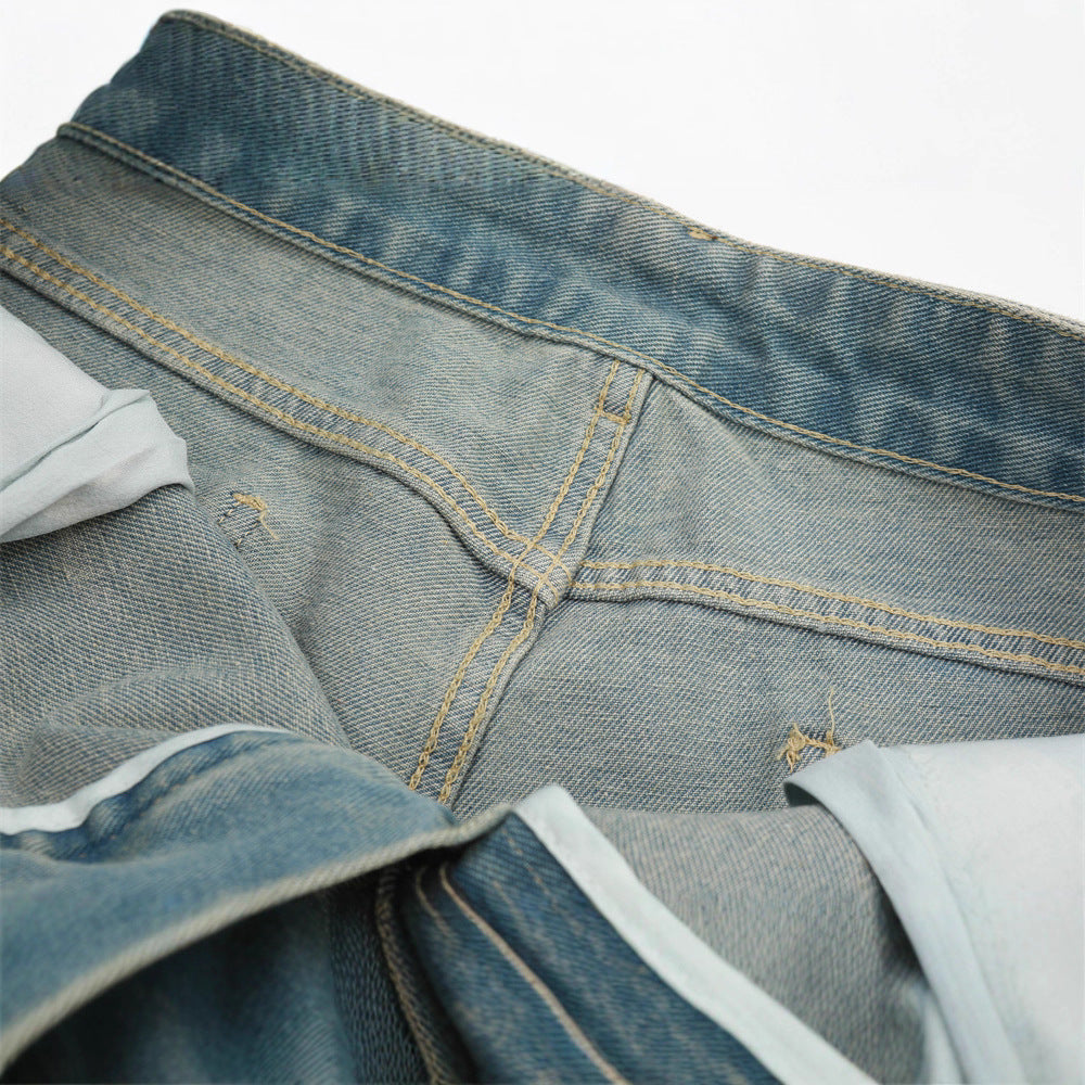 High Street Men's Distressed Hem Yellow Mud Color Casual Loose Fit Jeans