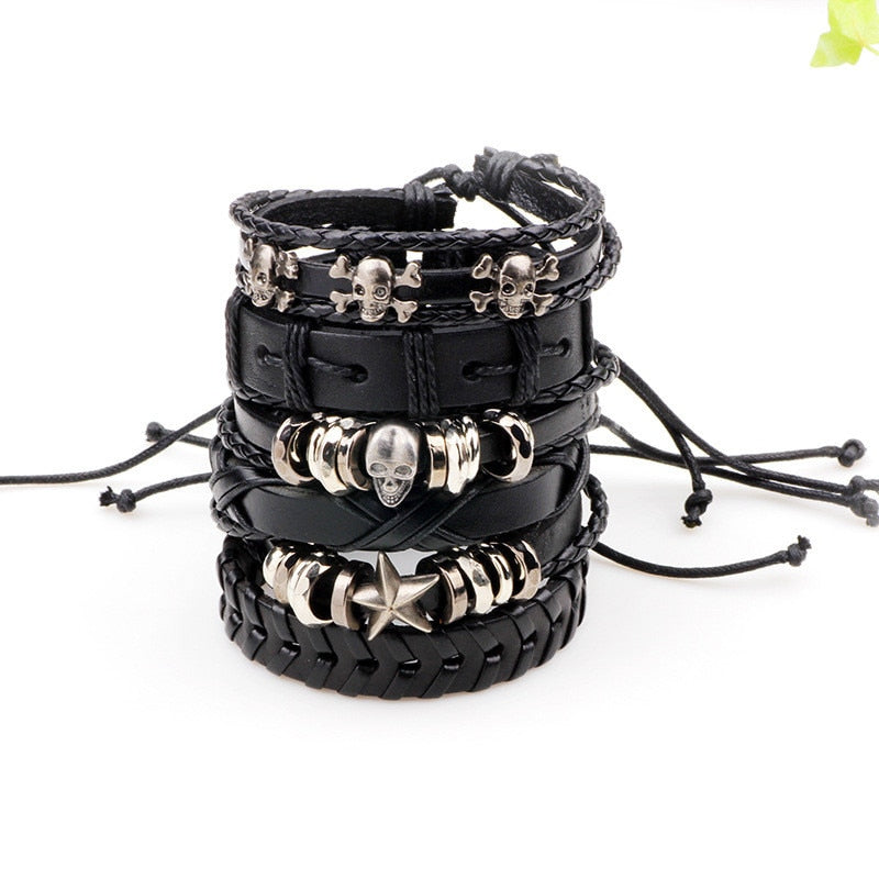 6 pcs Black Wristband Genuine Leather Bracelet Set