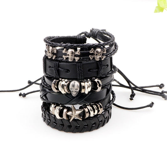 6 pcs Black Wristband Genuine Leather Bracelet Set