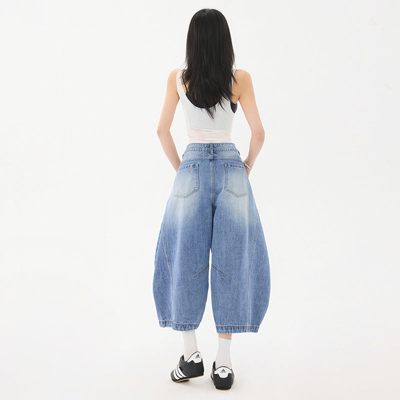 Women's Washed Baggy Hole Slant Leg Wide-Leg Three-Quarter Denim Pants for Couples