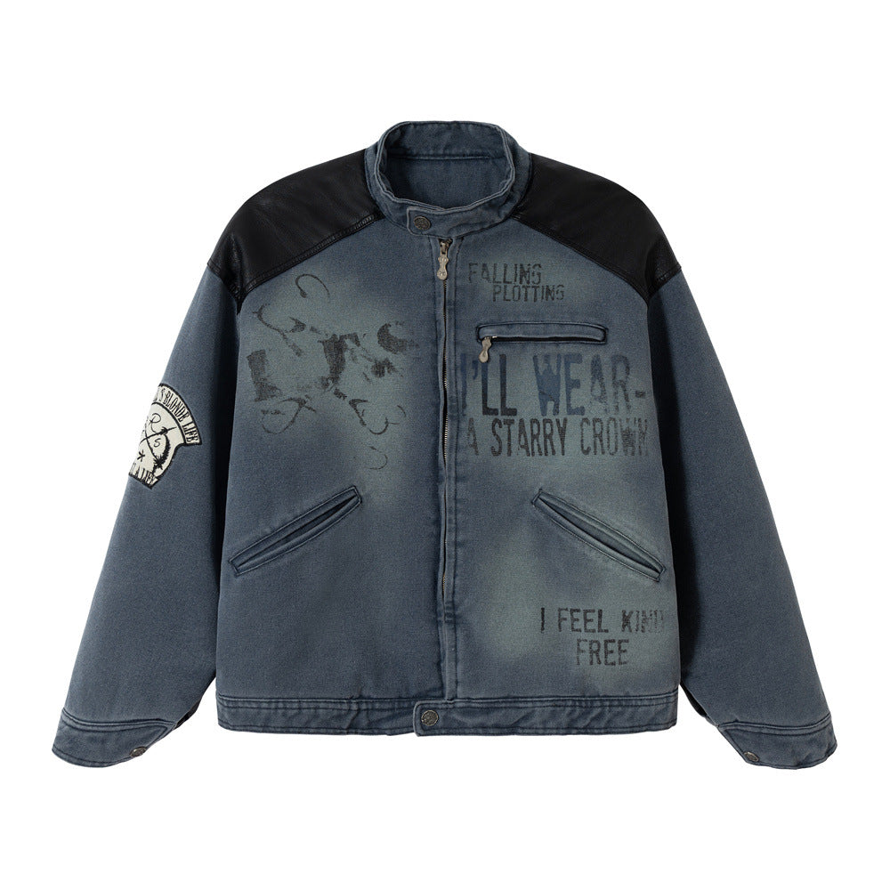 Urban Street Style Men's Cotton Coat with Distressed Stand Collar, Patchwork Design, Casual Loose Fit, Trendy Men's Outerwear