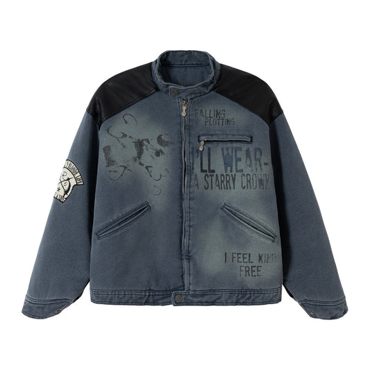 Urban Street Style Men's Cotton Coat with Distressed Stand Collar, Patchwork Design, Casual Loose Fit, Trendy Men's Outerwear