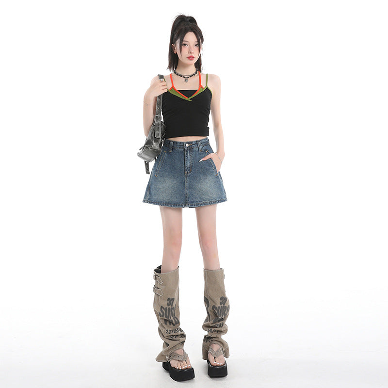 Design Sense Retro Blue Wide-Leg Denim Shorts for Women - A-Line High-Waist Skirt Pants