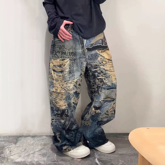 Men's Vintage Distressed 3D Printed Denim Pants