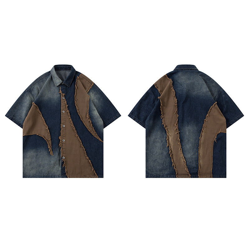 Original Colorblock Frayed Denim Short Sleeve Shirt for Men