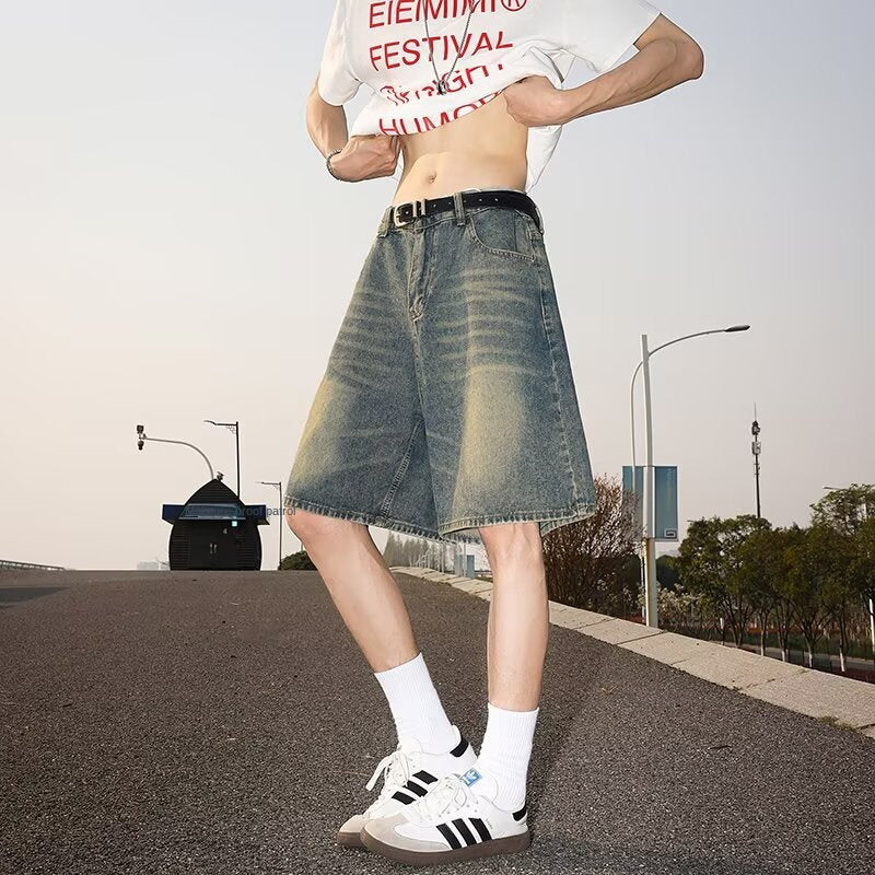 Washed and Worn Semi-Elastic Waist Denim Shorts