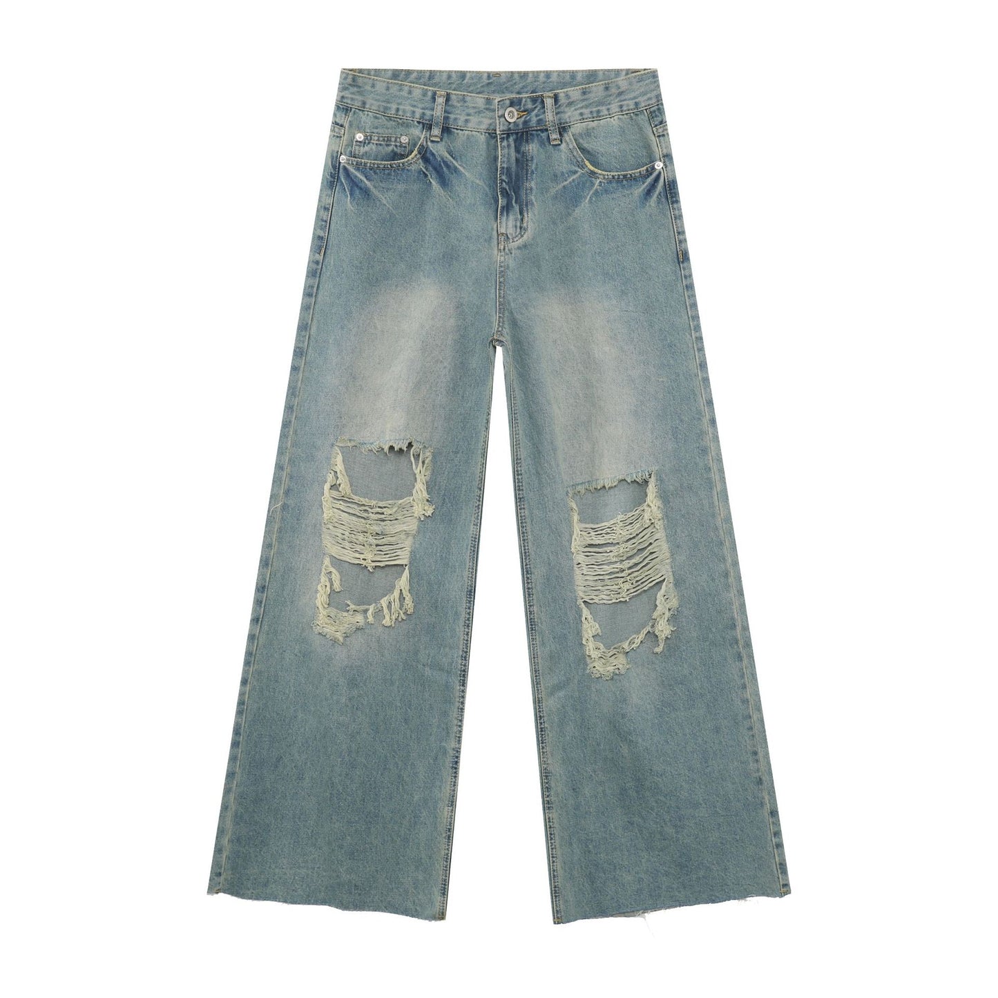 High Street Distressed Hole Fringe Wide Leg Loose Straight Floor-Length Versatile Jeans for Men