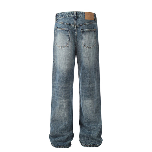 Punched And Washed Denim Straight Leg Jeans Mid Waist Blue