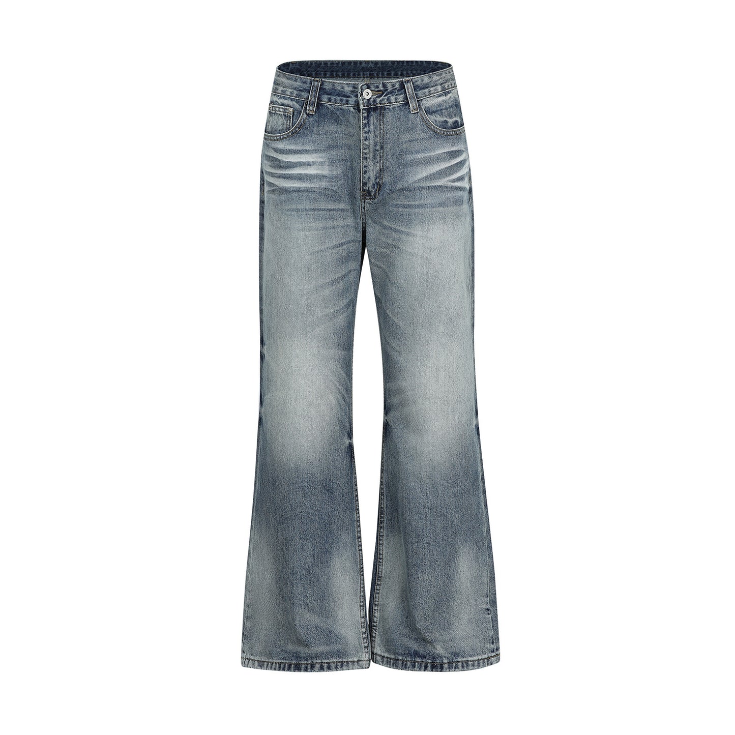 Vintage  Unisex Relaxed Fit Cat-Whisker Pattern Washed Blue Flared Denim Jeans for Men