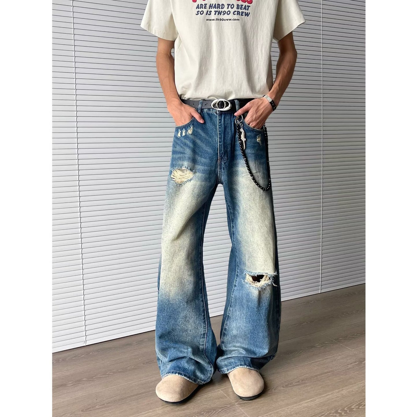 Ripped and Washed Denim Straight Leg Pants