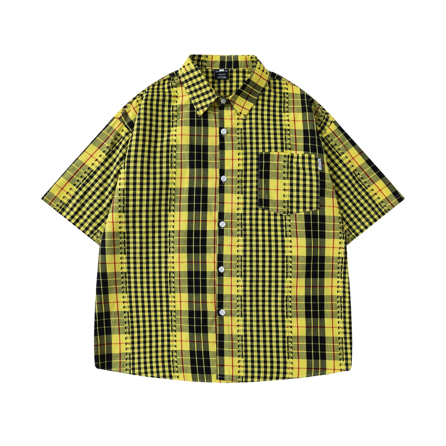 Retro Spliced Frayed Plaid Short Sleeve Shirt for Men