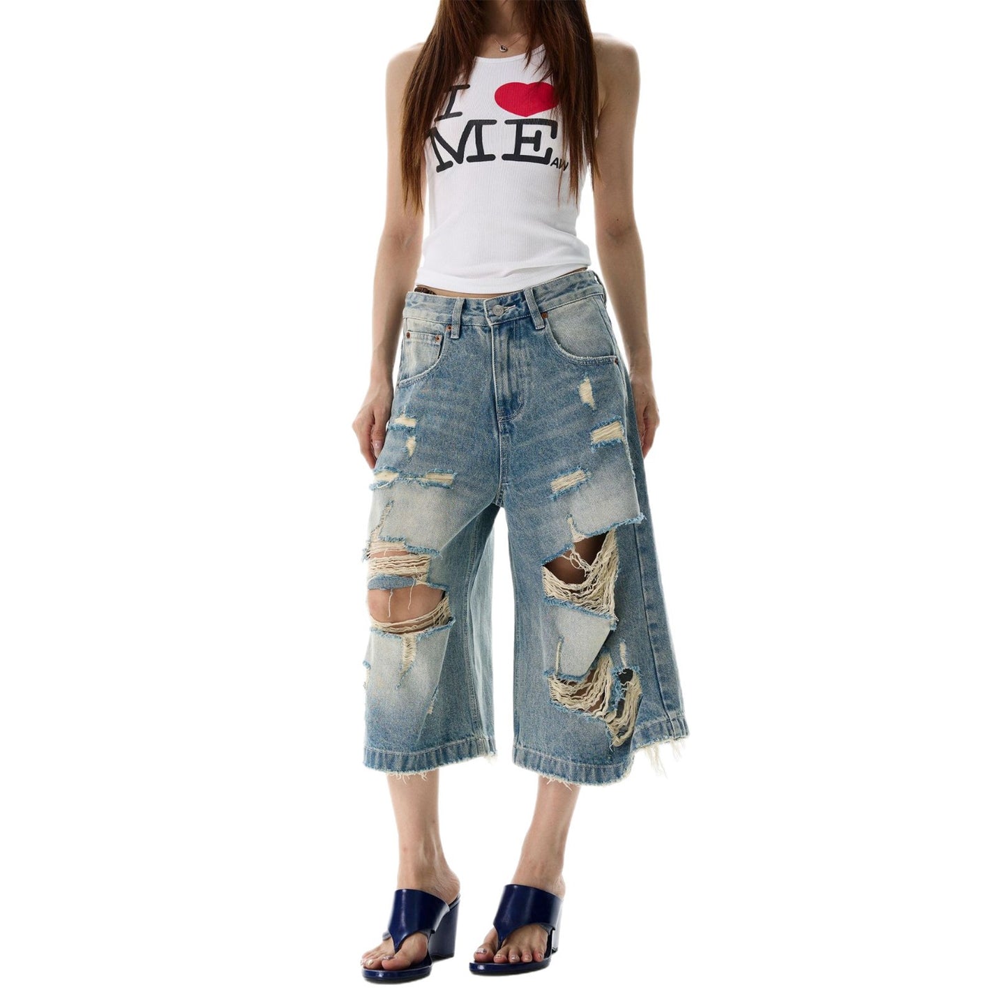 Washed Distressed Loose Straight Leg Wide Leg Shorts