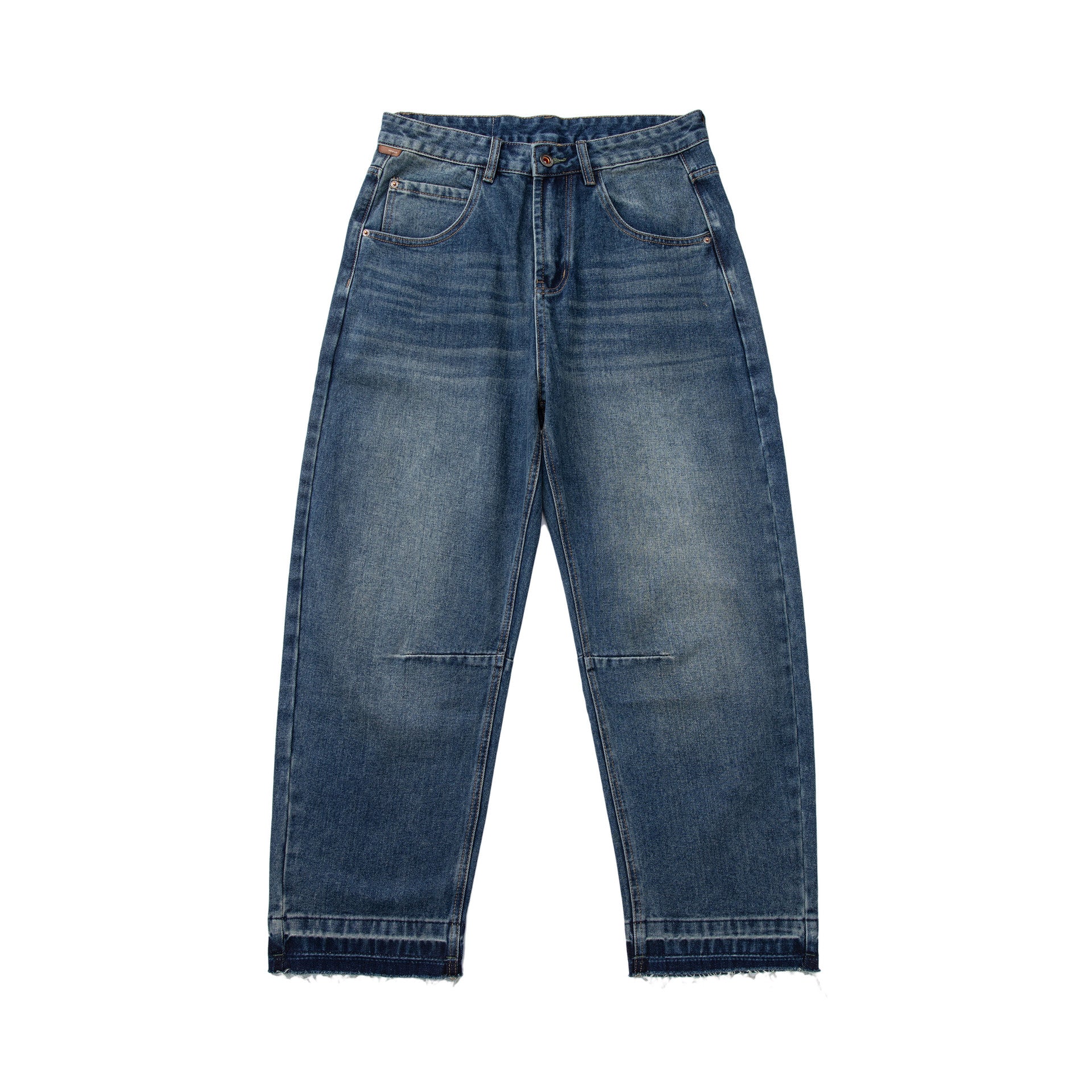 Men's Loose Cuff Tapered Denim Jeans with Catwhisker Wash