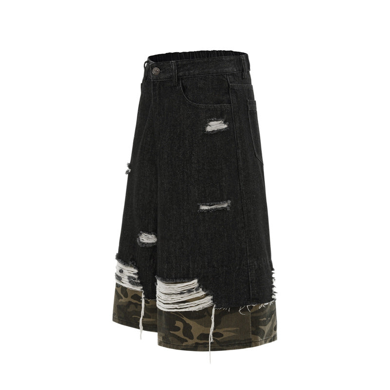 Unisex Oversized Distressed Camouflage Denim Three-Quarter Pants